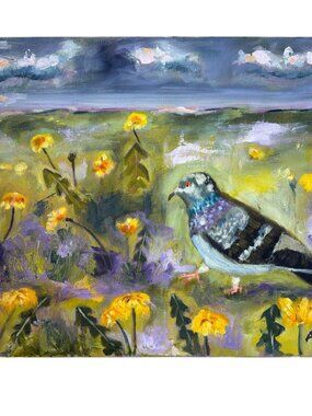 Pigeon Wildflower Meadow Oil Painting Canvas 16x20" Signed Original Art Decor
